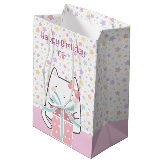 Gelukkige Verjaardag Kawaii Kat met Geschenkdoos Medium Cadeauzakje (Achterkant Gekanteld)