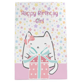 Gelukkige Verjaardag Kawaii Kat met Geschenkdoos Medium Cadeauzakje