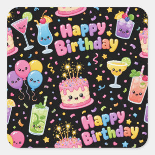 Gelukkige Verjaardag Kawaii Kunst Feest Vierkante Sticker