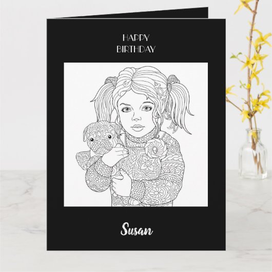 Gelukkige Verjaardag Kind en Hond Kleuring Kaart (Gele Bloem)