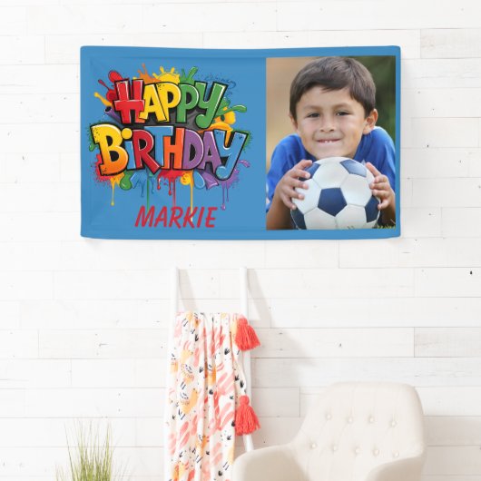 Gelukkige Verjaardag Kinder Blauw Geel Rood Foto Spandoek (Insitu)