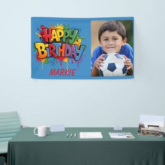 Gelukkige Verjaardag Kinder Blauw Geel Rood Foto Spandoek (Beurs)