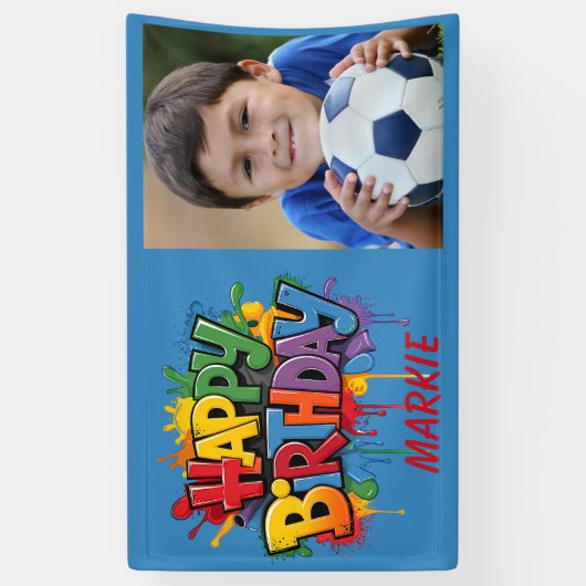 Gelukkige Verjaardag Kinder Blauw Geel Rood Foto Spandoek (Verticaal)