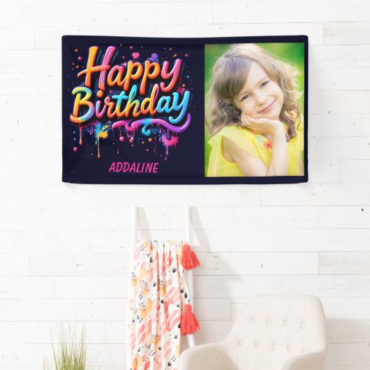 Gelukkige Verjaardag Kinder Zwart Sinaasappel Roze Spandoek (Insitu)