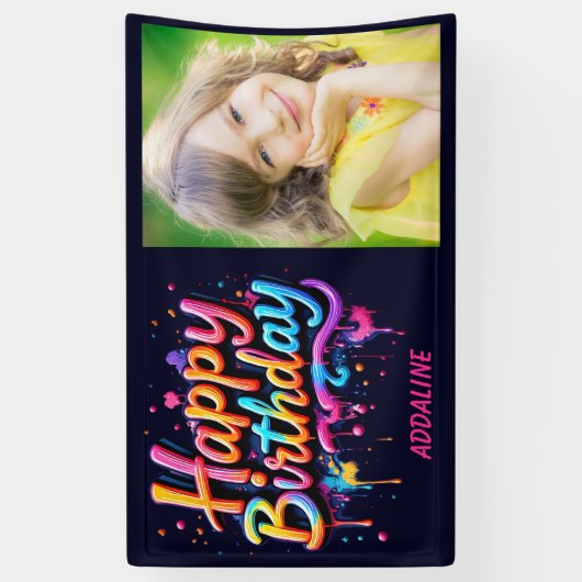 Gelukkige Verjaardag Kinder Zwart Sinaasappel Roze Spandoek (Verticaal)