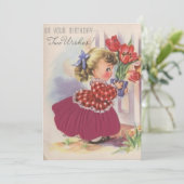gelukkige verjaardag klein meisje met bloemen feestdagenkaart (Staand voorkant)