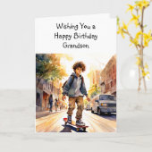 Gelukkige verjaardag kleinzoon | skateboarder kaart (Gele Bloem)