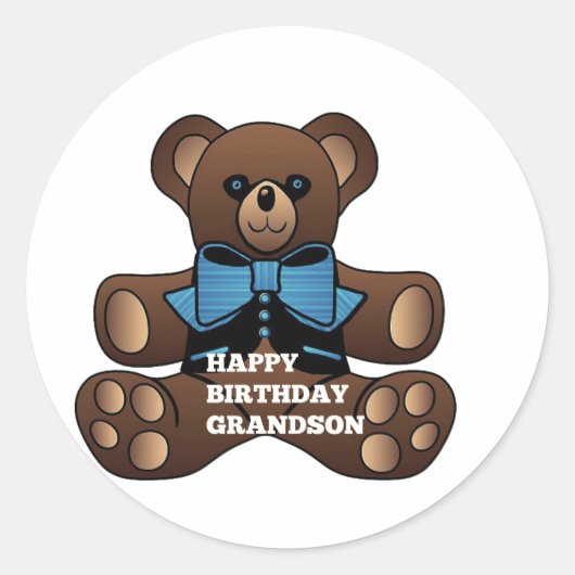 Gelukkige Verjaardag Kleinzoon Teddybear Ronde Sticker (Voorkant)
