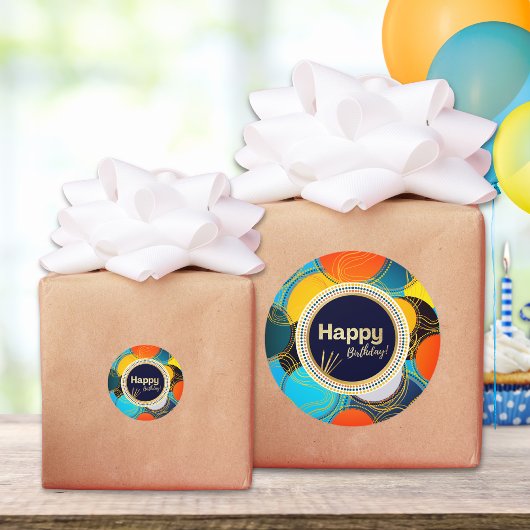 Gelukkige Verjaardag Kleurrijke 80's Retro Abstrac Ronde Sticker