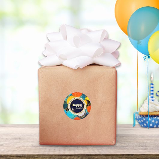 Gelukkige Verjaardag Kleurrijke 80's Retro Abstrac Ronde Sticker