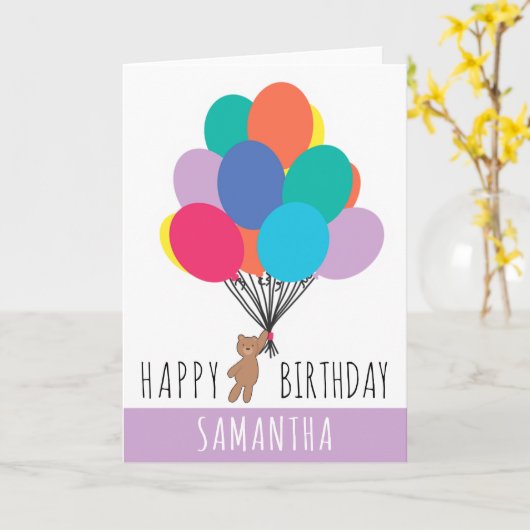 Gelukkige Verjaardag Kleurrijke Ballon Teddy Bear  Kaart (Gele Bloem)