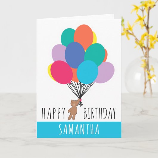 Gelukkige Verjaardag Kleurrijke Ballon Teddy Bear  Kaart (Gele Bloem)