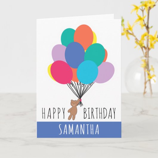 Gelukkige Verjaardag Kleurrijke Ballon Teddy Bear Kaart (Gele Bloem)