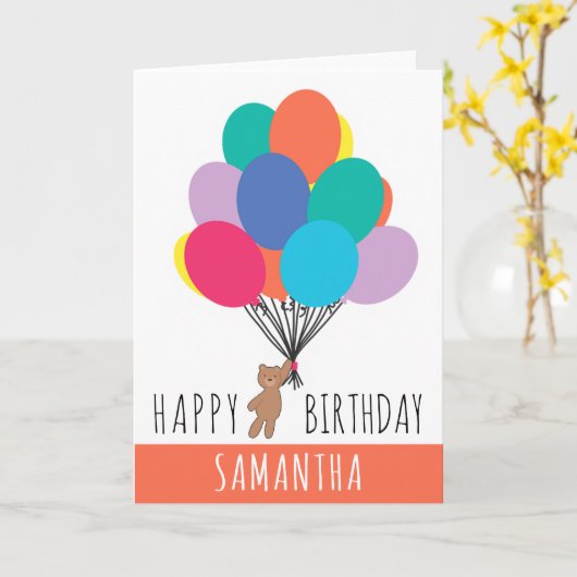 Gelukkige Verjaardag Kleurrijke Ballon Teddy Bear  Kaart (Gele Bloem)
