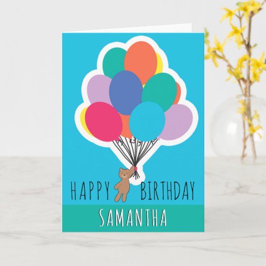 Gelukkige Verjaardag Kleurrijke Ballonnaam Teddy B Kaart (Gele Bloem)