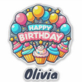 Gelukkige Verjaardag Kleurrijke Ballonnen en Cupca Sticker (Voorkant)