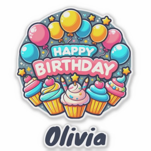 Gelukkige Verjaardag Kleurrijke Ballonnen en Cupca Sticker (Voorkant)
