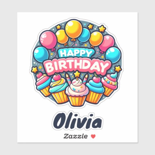 Gelukkige Verjaardag Kleurrijke Ballonnen en Cupca Sticker (Vel)