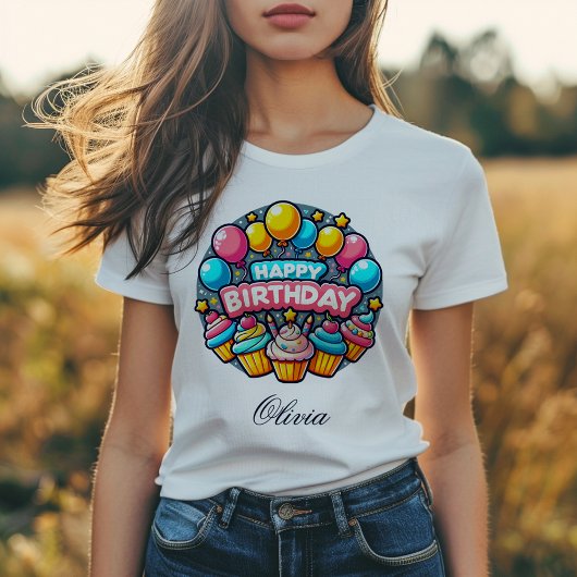 Gelukkige Verjaardag Kleurrijke Ballonnen en Cupca T-shirt