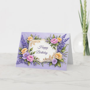 Gelukkige Verjaardag Kleurrijke Bloemen op Lavende Kaart