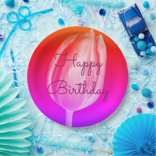 Gelukkige Verjaardag Kleurrijke Bloemtulpen Roze P Papieren Bordje (Feest)