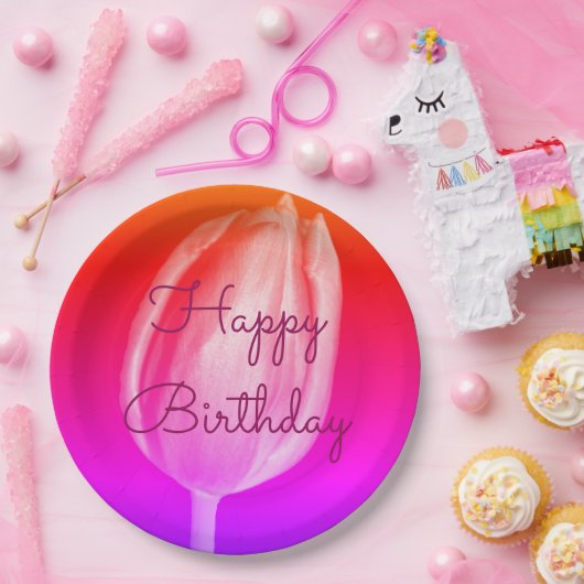 Gelukkige Verjaardag Kleurrijke Bloemtulpen Roze P Papieren Bordje (Feest)