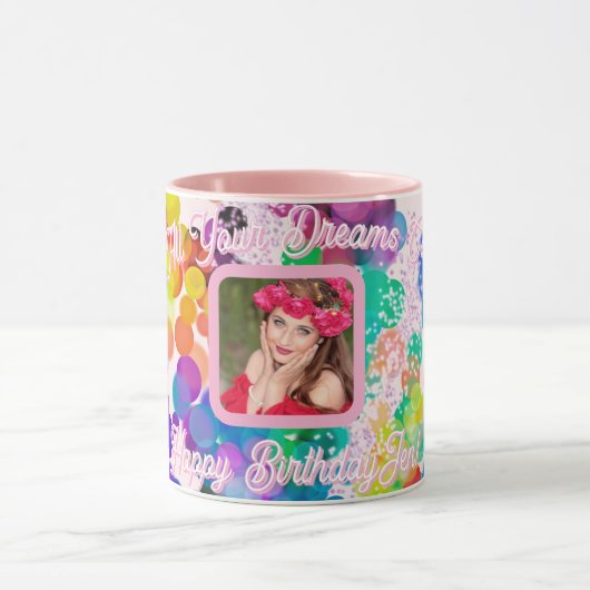 Gelukkige Verjaardag Kleurrijke Bokeh Bubbles Roze Mok (Midden)