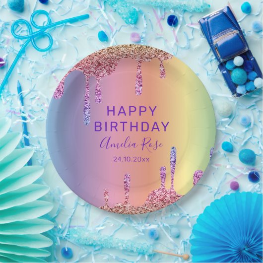 Gelukkige Verjaardag Kleurrijke Glitter Drips Part Papieren Bordje (Feest)