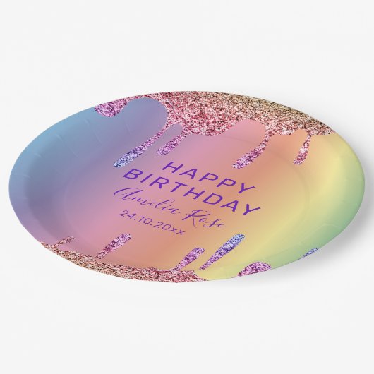 Gelukkige Verjaardag Kleurrijke Glitter Drips Part Papieren Bordje (Gekanteld)