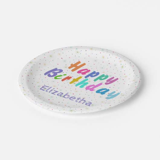 Gelukkige Verjaardag Kleurrijke Sterren en Tekst p Papieren Bordje (Gekanteld)
