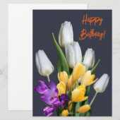 Gelukkige verjaardag kleurrijke tulp krokus bloeme feestdagenkaart (Voorkant / Achterkant)