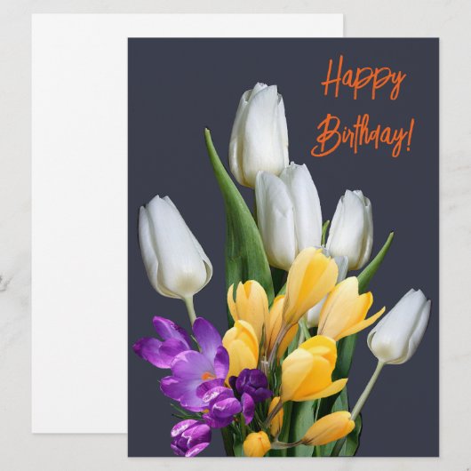 Gelukkige verjaardag kleurrijke tulp krokus bloeme feestdagenkaart (Voorkant / Achterkant)