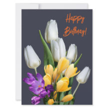 Gelukkige verjaardag kleurrijke tulp krokus bloeme