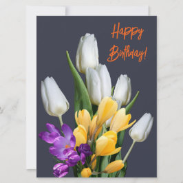 Gelukkige verjaardag kleurrijke tulp krokus bloeme feestdagenkaart