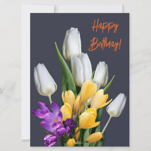 Gelukkige verjaardag kleurrijke tulp krokus bloeme feestdagenkaart (Voorkant)