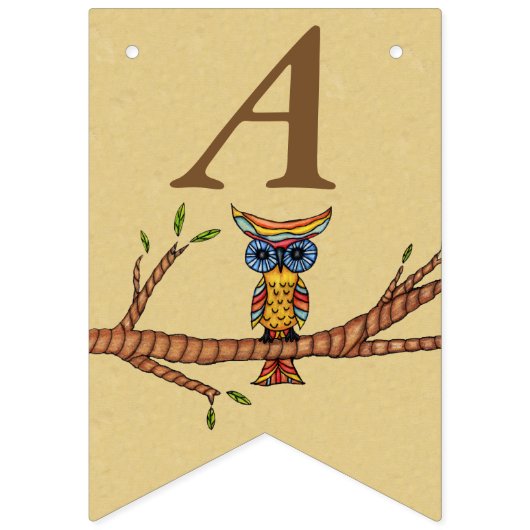 Gelukkige verjaardag kleurrijke uil op tak bruin vlaggetjes (Tweede vlag)