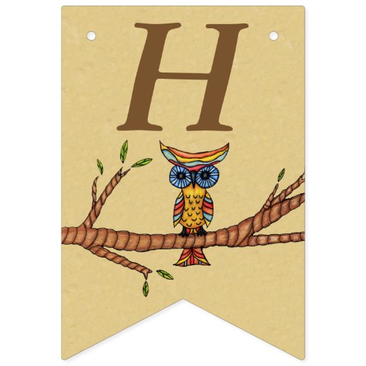 Gelukkige verjaardag kleurrijke uil op tak bruin vlaggetjes (Eerste vlag)