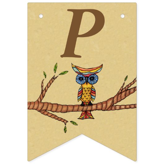 Gelukkige verjaardag kleurrijke uil op tak bruin vlaggetjes (Derde vlag)