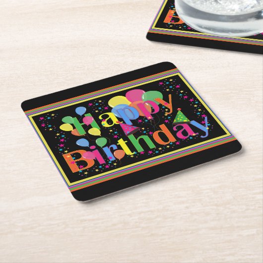 Gelukkige verjaardag kleurrijke viering kartonnen onderzetters (Schuin)