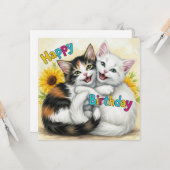Gelukkige verjaardag knuffelen katten kaart (Voorkant / Achterkant in situ)