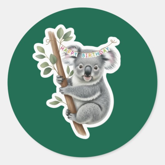 Gelukkige Verjaardag Koala op Eucalyptus Branch Ronde Sticker (Voorkant)
