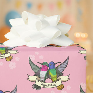 Gelukkige verjaardag! Kolibries met lint Cartoon Cadeaupapier