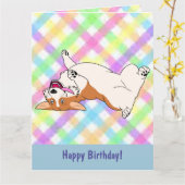Gelukkige Verjaardag Lachende Corgi Cartoon Kaart (Gele Bloem)