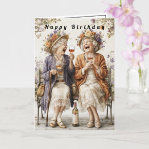 Gelukkige verjaardag Lachende dames die wijn drink Kaart