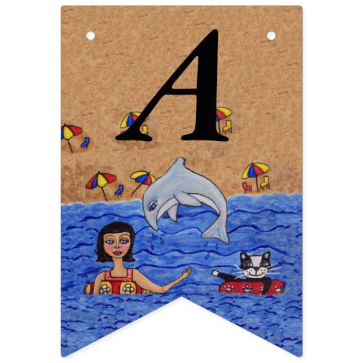 Gelukkige Verjaardag Lady Cat Zwemmen in Ocean Bea Vlaggetjes (Tweede vlag)