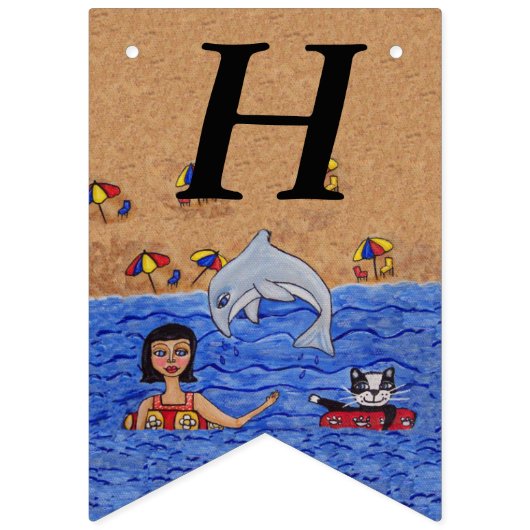 Gelukkige Verjaardag Lady Cat Zwemmen in Ocean Bea Vlaggetjes (Eerste vlag)