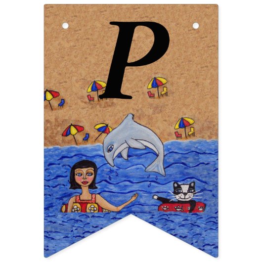 Gelukkige Verjaardag Lady Cat Zwemmen in Ocean Bea Vlaggetjes (Derde vlag)