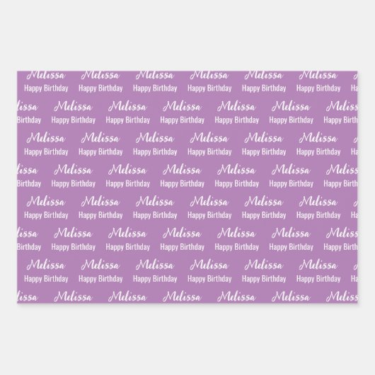 Gelukkige Verjaardag Lavendel en Witte Naam Patroo Inpakpapier Vel (Voorkant 2)