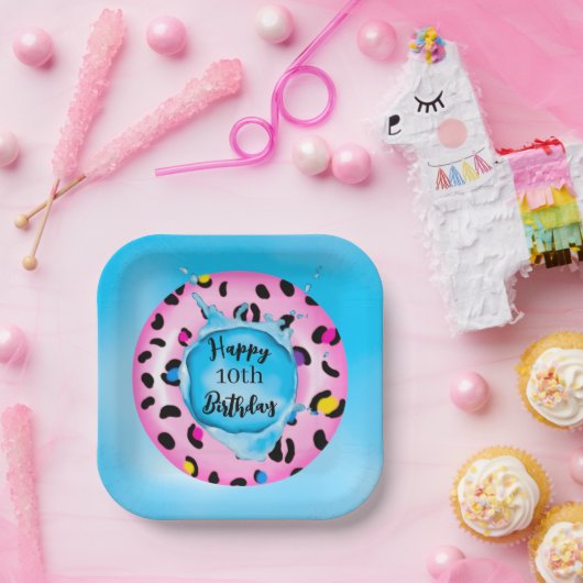 Gelukkige Verjaardag Leopard Float Splash aangepas Papieren Bordje (Feest)