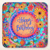 Gelukkige Verjaardag Leuk Kleurrijke Bloemen Inspi Kartonnen Onderzetters (Voorkant)